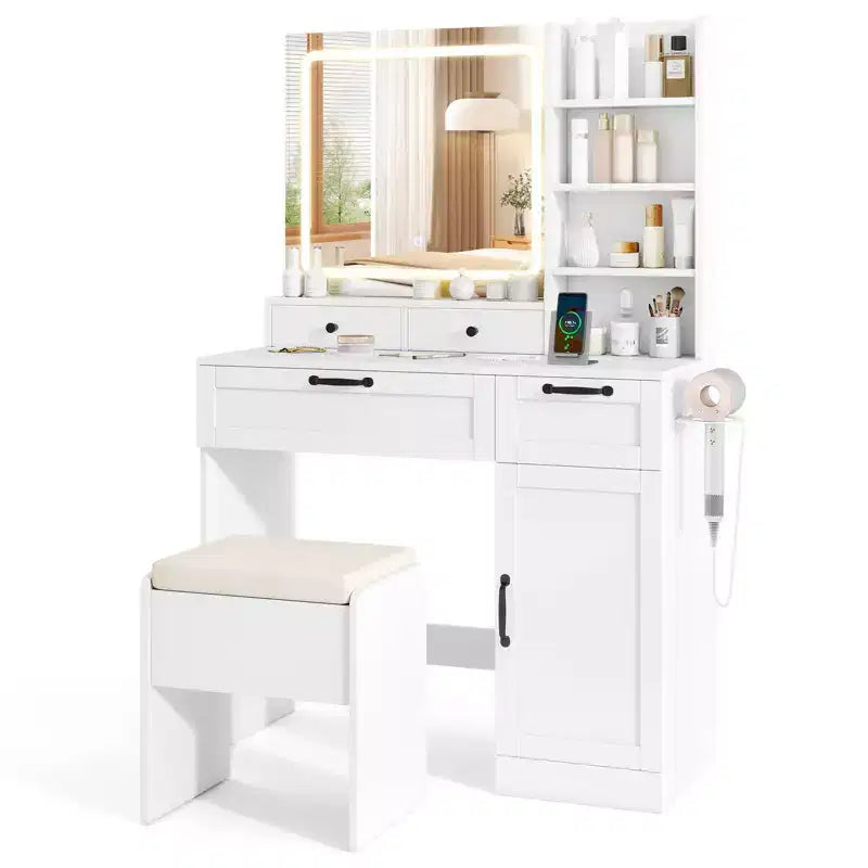 Costway Vanity Set w/Cushioned Stool Makeup Table w/Adjustable Lighting Mode Brightness