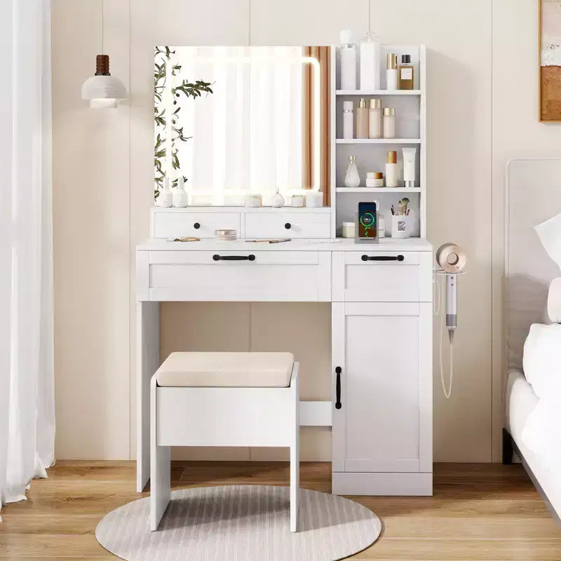 Costway Vanity Set w/Cushioned Stool Makeup Table w/Adjustable Lighting Mode Brightness