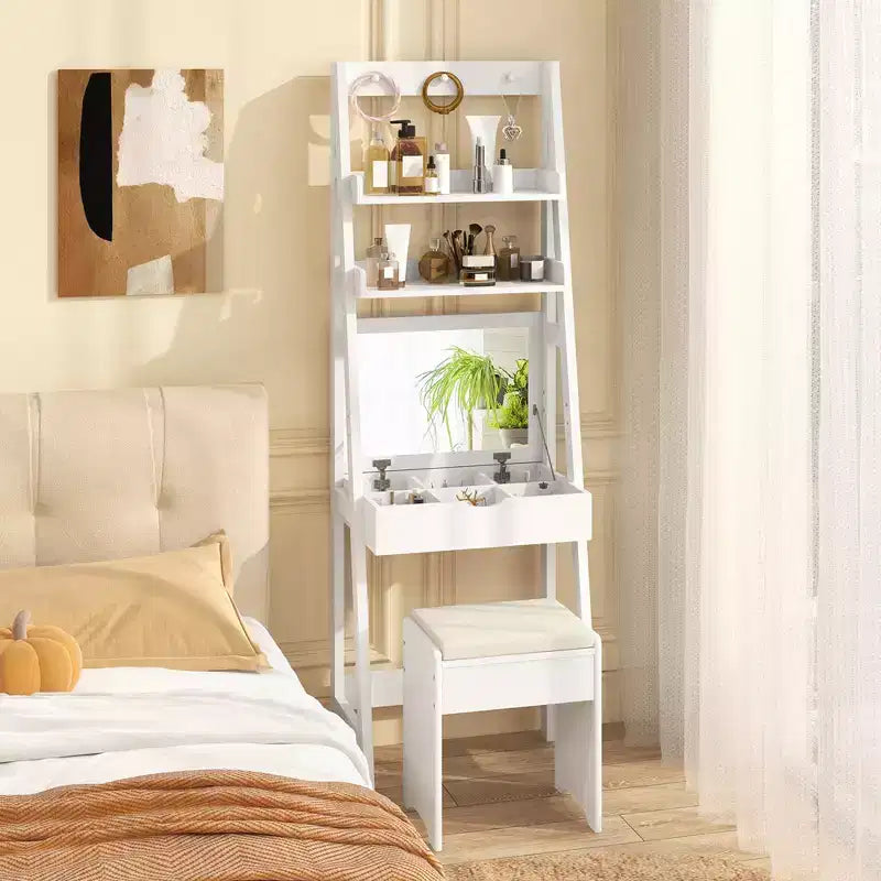 Coiffeuse Costway avec miroir relevable et tabouret, éclairage 3 couleurs et 6 compartiments