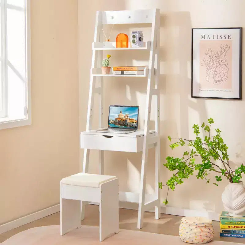 Coiffeuse Costway avec miroir relevable et tabouret, éclairage 3 couleurs et 6 compartiments