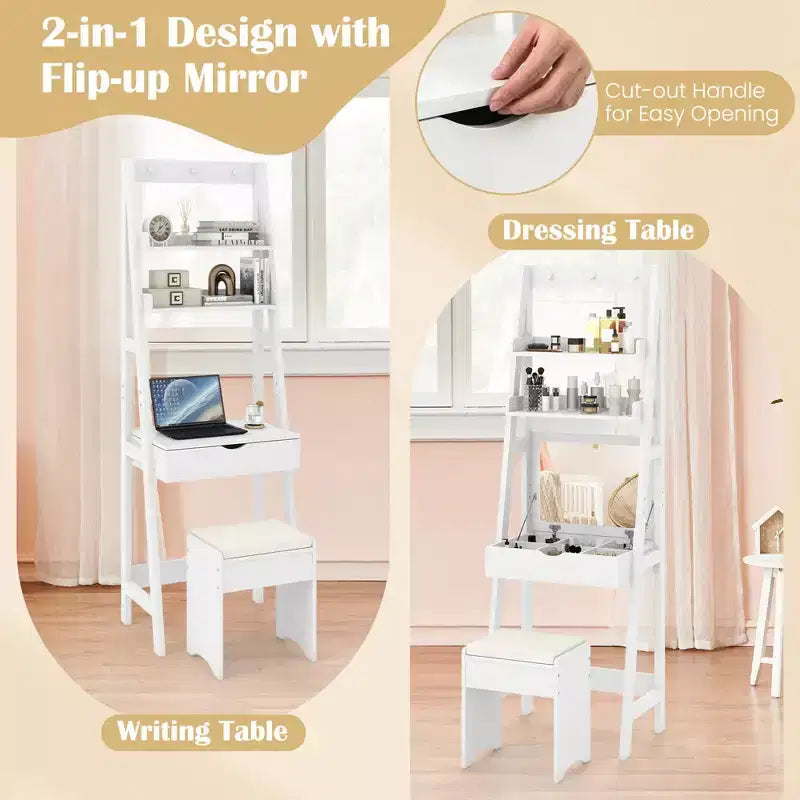 Coiffeuse Costway avec miroir relevable et tabouret, éclairage 3 couleurs et 6 compartiments