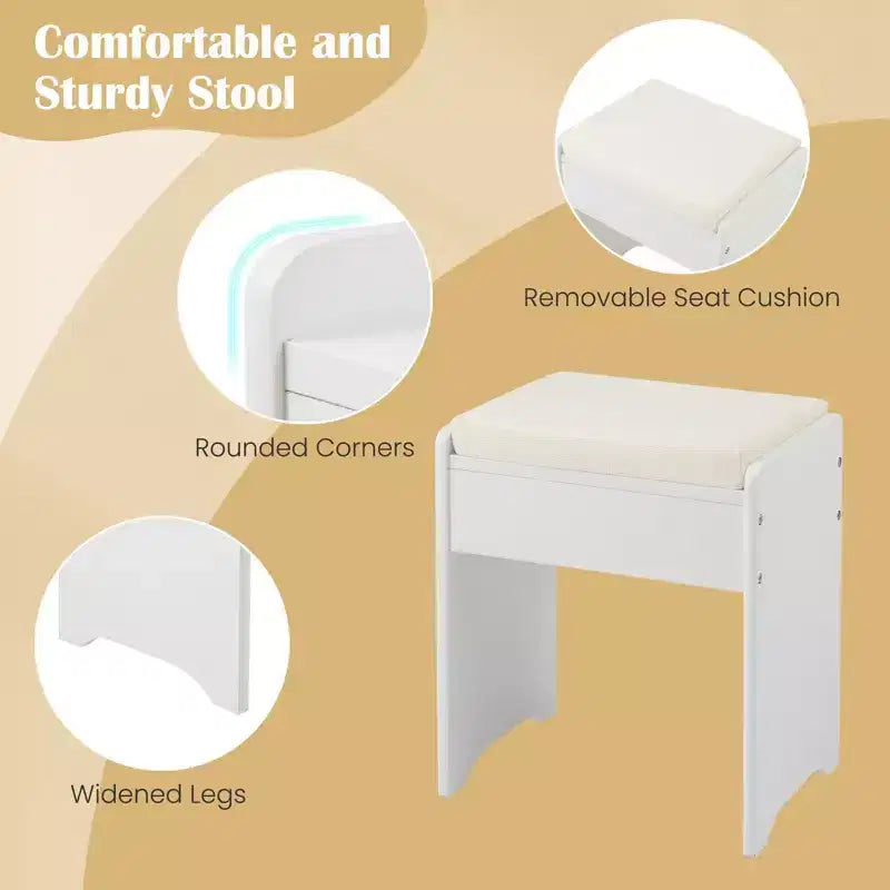 Coiffeuse Costway avec miroir relevable et tabouret, éclairage 3 couleurs et 6 compartiments