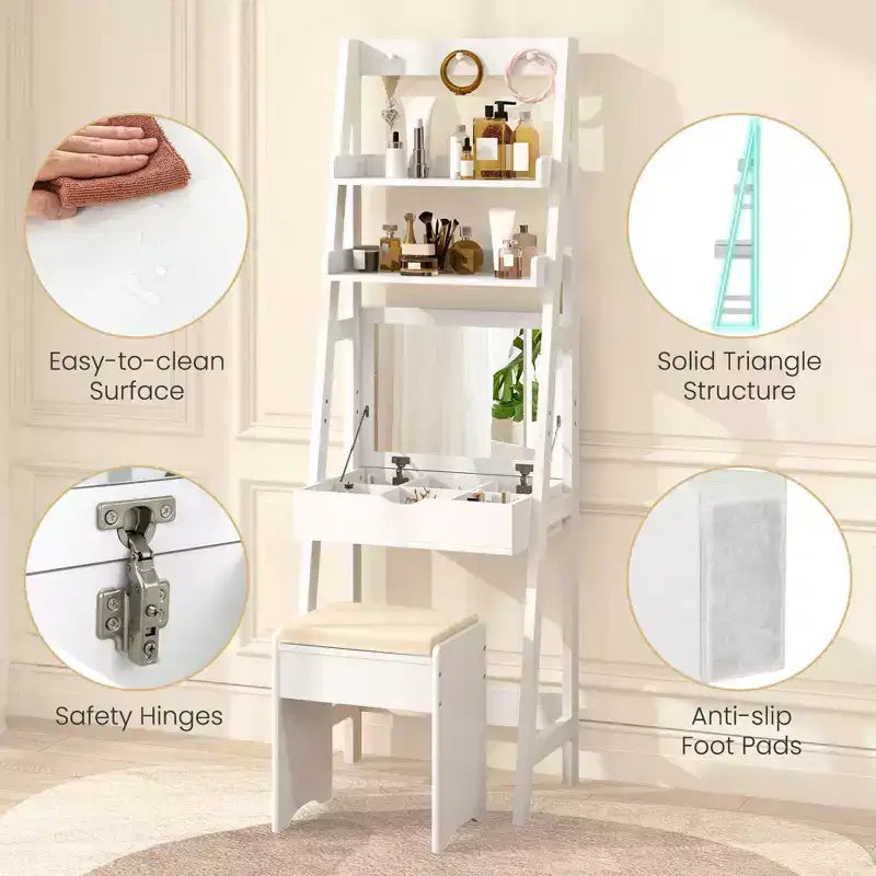 Coiffeuse Costway avec miroir relevable et tabouret, éclairage 3 couleurs et 6 compartiments