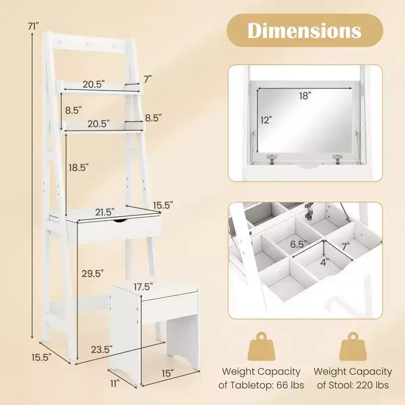 Coiffeuse Costway avec miroir relevable et tabouret, éclairage 3 couleurs et 6 compartiments