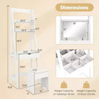 Coiffeuse Costway avec miroir relevable et tabouret, éclairage 3 couleurs et 6 compartiments