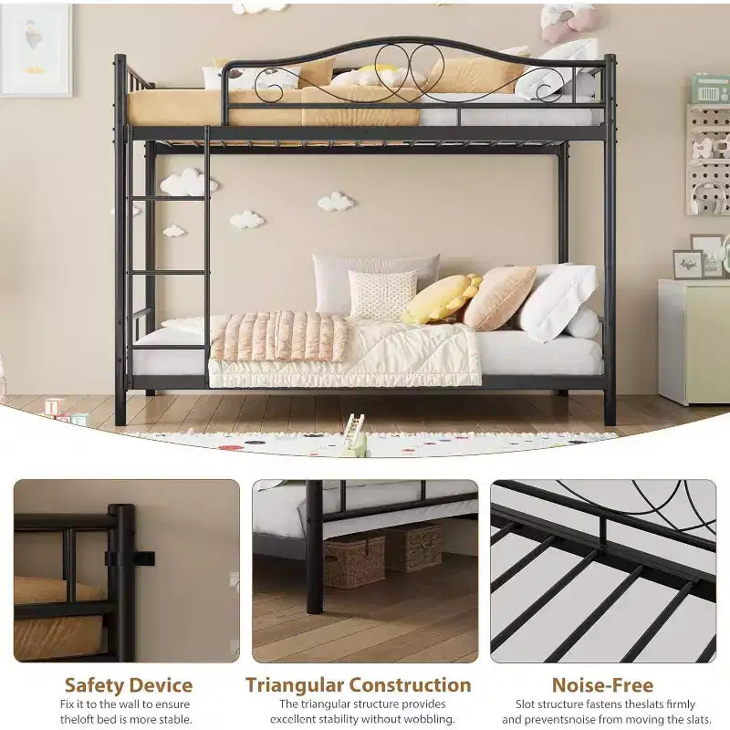 Twin Over Twin Metal Bunk Bed, 400LB Heavy Duty with Safety Guardrail, Space Saving Design, No Box Spring Needed, Easy Assembly Quiet Kids Bed
