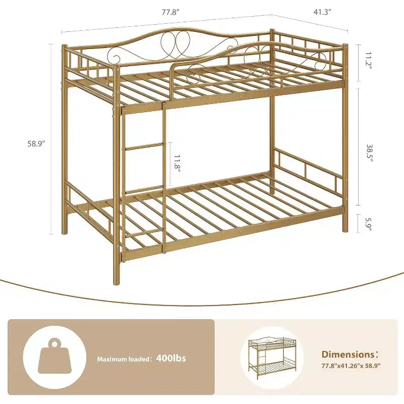 Twin Over Twin Metal Bunk Bed, 400LB Heavy Duty with Safety Guardrail, Space Saving Design, No Box Spring Needed, Easy Assembly Quiet Kids Bed