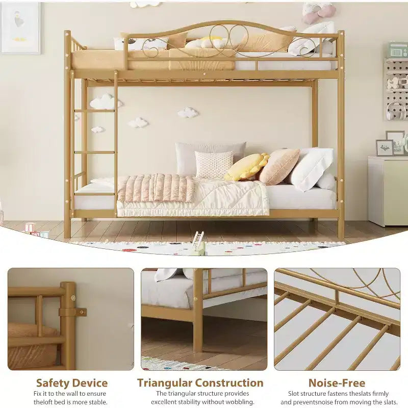 Twin Over Twin Metal Bunk Bed, 400LB Heavy Duty with Safety Guardrail, Space Saving Design, No Box Spring Needed, Easy Assembly Quiet Kids Bed