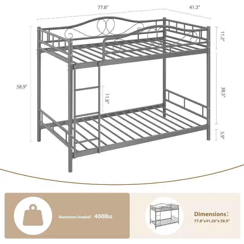 Twin Over Twin Metal Bunk Bed, 400LB Heavy Duty with Safety Guardrail, Space Saving Design, No Box Spring Needed, Easy Assembly Quiet Kids Bed