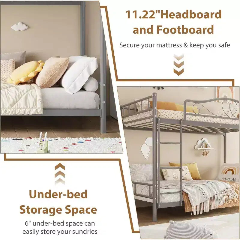Twin Over Twin Metal Bunk Bed, 400LB Heavy Duty with Safety Guardrail, Space Saving Design, No Box Spring Needed, Easy Assembly Quiet Kids Bed