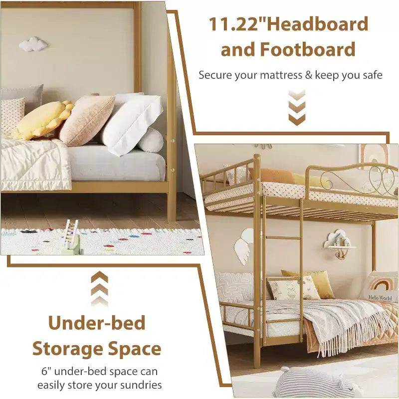 Twin Over Twin Metal Bunk Bed, 400LB Heavy Duty with Safety Guardrail, Space Saving Design, No Box Spring Needed, Easy Assembly Quiet Kids Bed