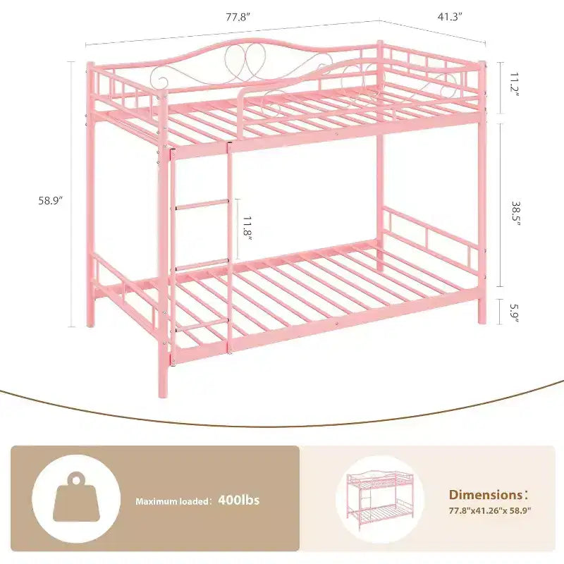 Twin Over Twin Metal Bunk Bed, 400LB Heavy Duty with Safety Guardrail, Space Saving Design, No Box Spring Needed, Easy Assembly Quiet Kids Bed