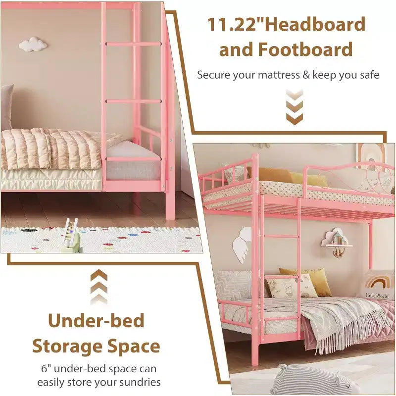 Twin Over Twin Metal Bunk Bed, 400LB Heavy Duty with Safety Guardrail, Space Saving Design, No Box Spring Needed, Easy Assembly Quiet Kids Bed