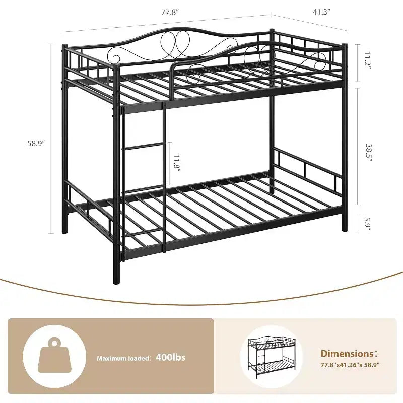 Twin Over Twin Metal Bunk Bed, 400LB Heavy Duty with Safety Guardrail, Space Saving Design, No Box Spring Needed, Easy Assembly Quiet Kids Bed