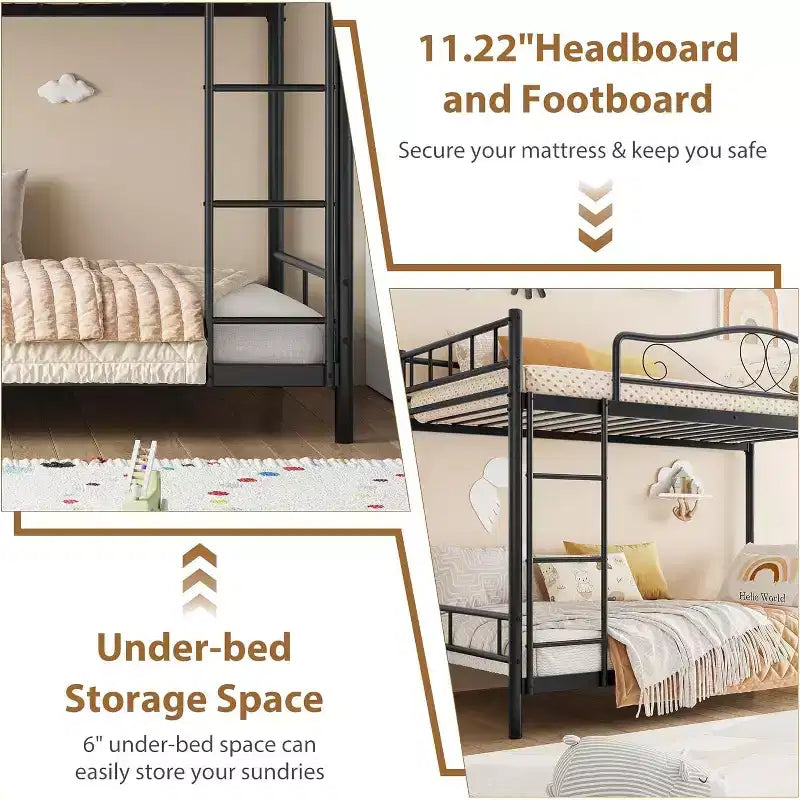 Twin Over Twin Metal Bunk Bed, 400LB Heavy Duty with Safety Guardrail, Space Saving Design, No Box Spring Needed, Easy Assembly Quiet Kids Bed