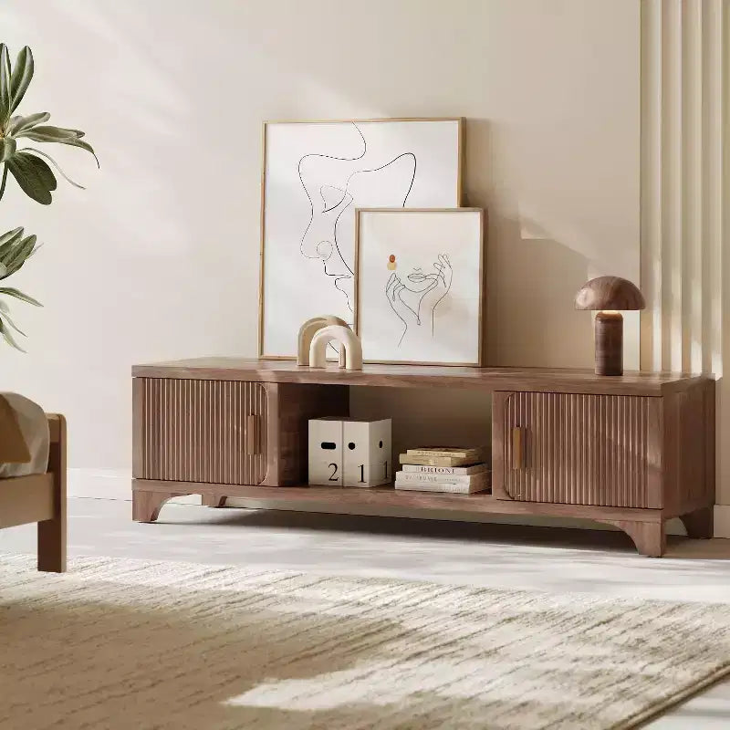 SUGIFT Mid Century Modern TV Stand for 5565 Inch TVs  Boho Media Console with Fluted Doors, Storage Cabinets & Open Shelf