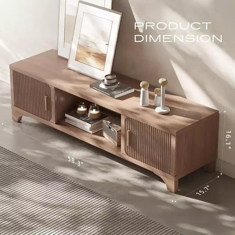 SUGIFT Mid Century Modern TV Stand for 5565 Inch TVs  Boho Media Console with Fluted Doors, Storage Cabinets & Open Shelf
