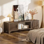 SUGIFT Mid Century Modern TV Stand for 5565 Inch TVs  Boho Media Console with Fluted Doors, Storage Cabinets & Open Shelf