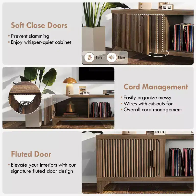 SUGIFT Mid Century Modern TV Stand for 5565 Inch TVs  Boho Media Console with Fluted Doors, Storage Cabinets & Open Shelf