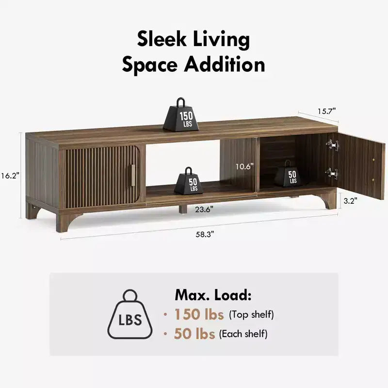 SUGIFT Mid Century Modern TV Stand for 5565 Inch TVs  Boho Media Console with Fluted Doors, Storage Cabinets & Open Shelf