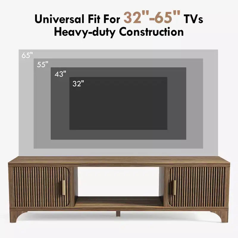 SUGIFT Mid Century Modern TV Stand for 5565 Inch TVs  Boho Media Console with Fluted Doors, Storage Cabinets & Open Shelf