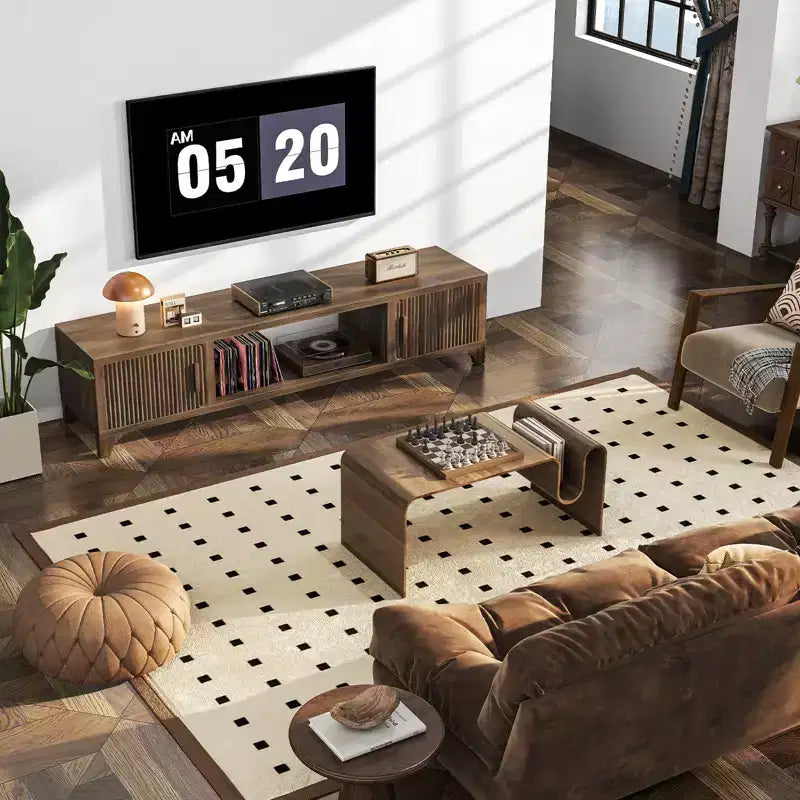 SUGIFT Mid Century Modern TV Stand for 5565 Inch TVs  Boho Media Console with Fluted Doors, Storage Cabinets & Open Shelf