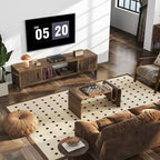 SUGIFT Mid Century Modern TV Stand for 5565 Inch TVs  Boho Media Console with Fluted Doors, Storage Cabinets & Open Shelf