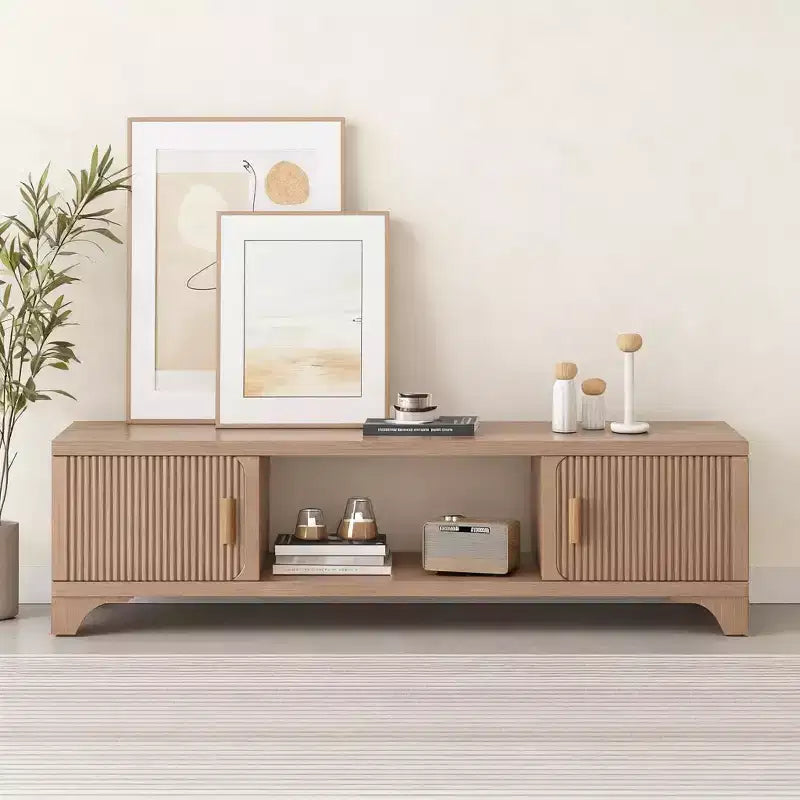 SUGIFT Mid Century Modern TV Stand for 5565 Inch TVs  Boho Media Console with Fluted Doors, Storage Cabinets & Open Shelf