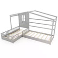 Costway L-shaped Double Twin Beds House Platform Beds w/ Window & Fences ray