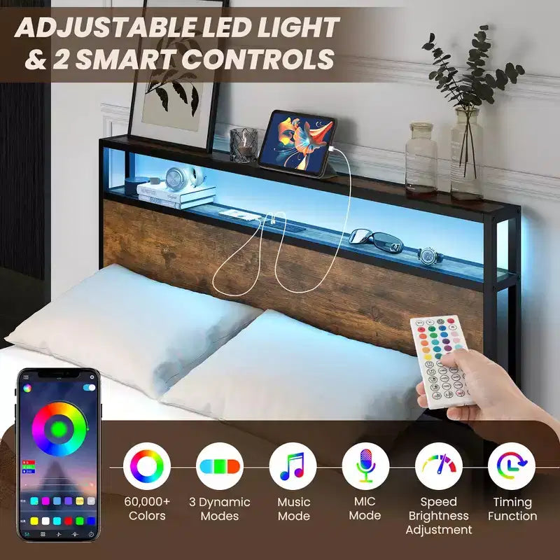 Cadre de lit plateforme industriel Costway double/queen avec tiroirs de rangement et tête de lit avec lumières LED