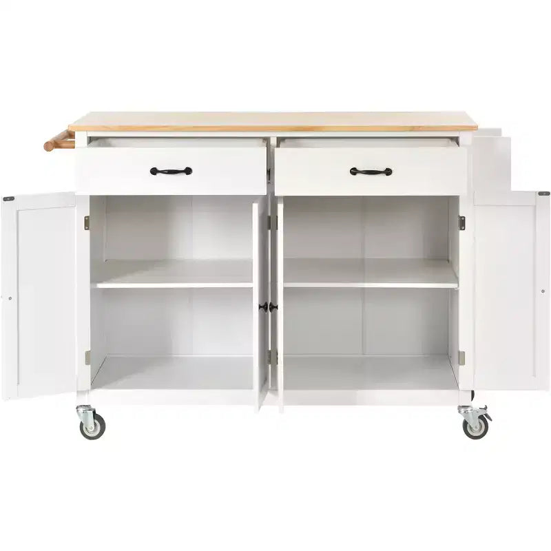 Dessert de cuisine roulant sur roulettes avec plateau en bois massif et roulettes verrouillables, 137,9 cm de large, meuble à 4 portes et deux tiroirs, porte-épices