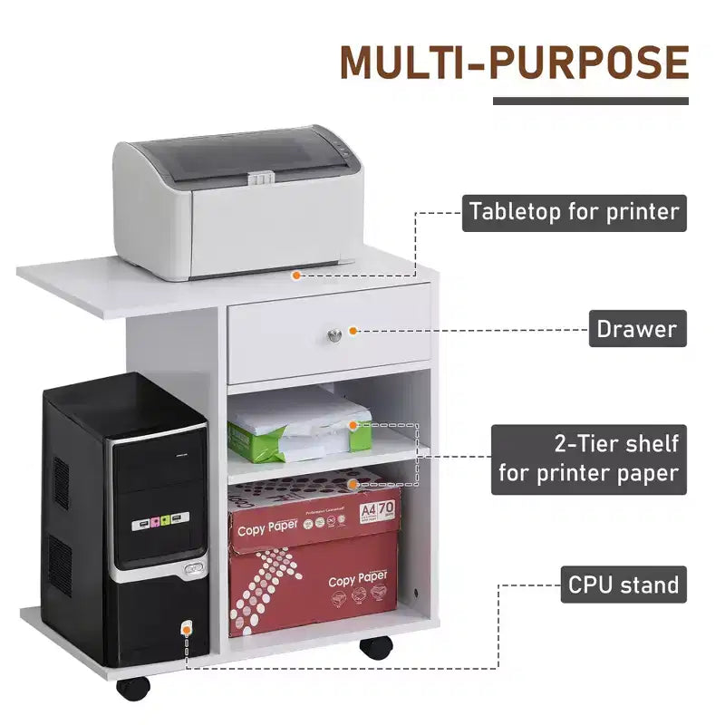 Mobile Printer Stand, Rolling File Cabinet Cart with Wheels, Adjustable Shelf, Drawer and CPU Stand