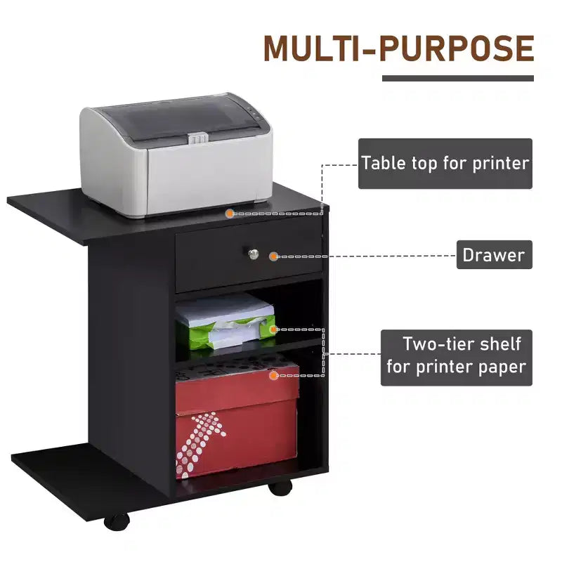 Mobile Printer Stand, Rolling File Cabinet Cart with Wheels, Adjustable Shelf, Drawer and CPU Stand