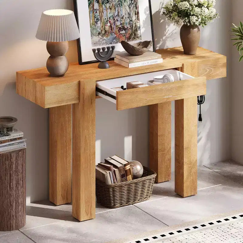 47 Console Table with Storage Drawers, Wood Veneer Behind the Couch Table, Narrow Entryway Table for Living Room or Home Office-Panipeachy