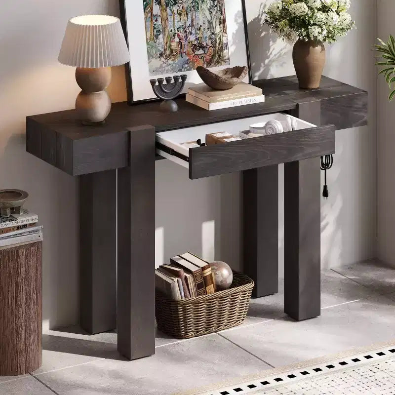 47 Console Table with Storage Drawers, Wood Veneer Behind the Couch Table, Narrow Entryway Table for Living Room or Home Office-Panipeachy