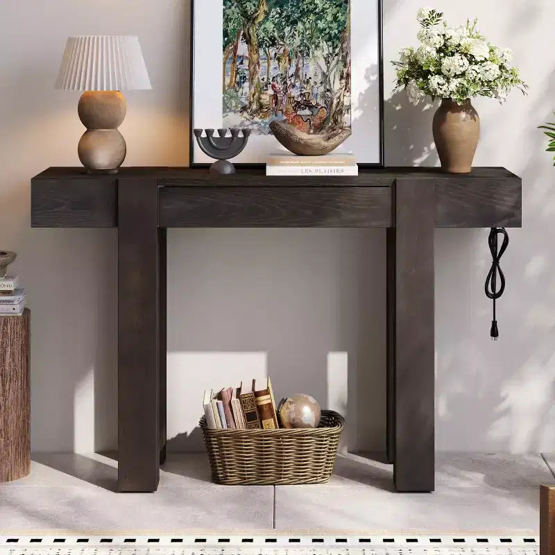 47 Console Table with Storage Drawers, Wood Veneer Behind the Couch Table, Narrow Entryway Table for Living Room or Home Office-Panipeachy