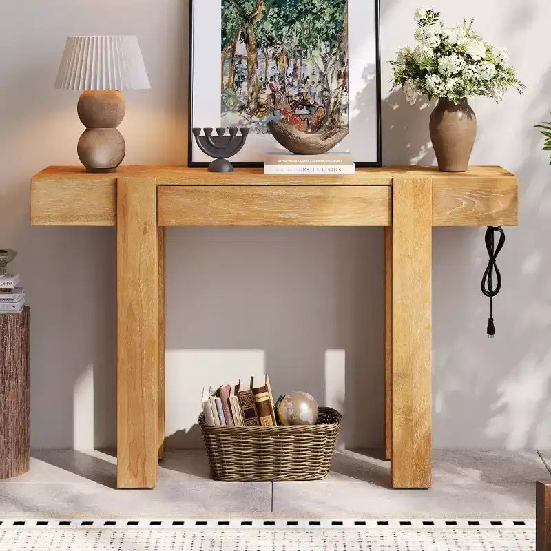 47 Console Table with Storage Drawers, Wood Veneer Behind the Couch Table, Narrow Entryway Table for Living Room or Home Office-Panipeachy