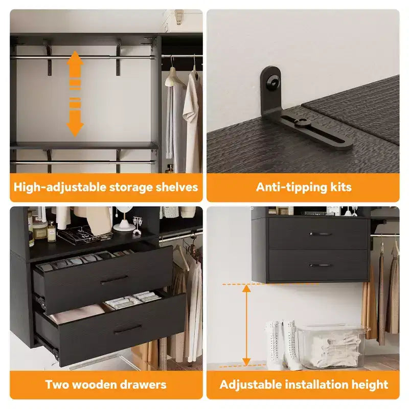 Besiost Freestanding Closet System with 8 Hannging Rods and Drawers, Hanging Closet Organizer with 10 Shelves