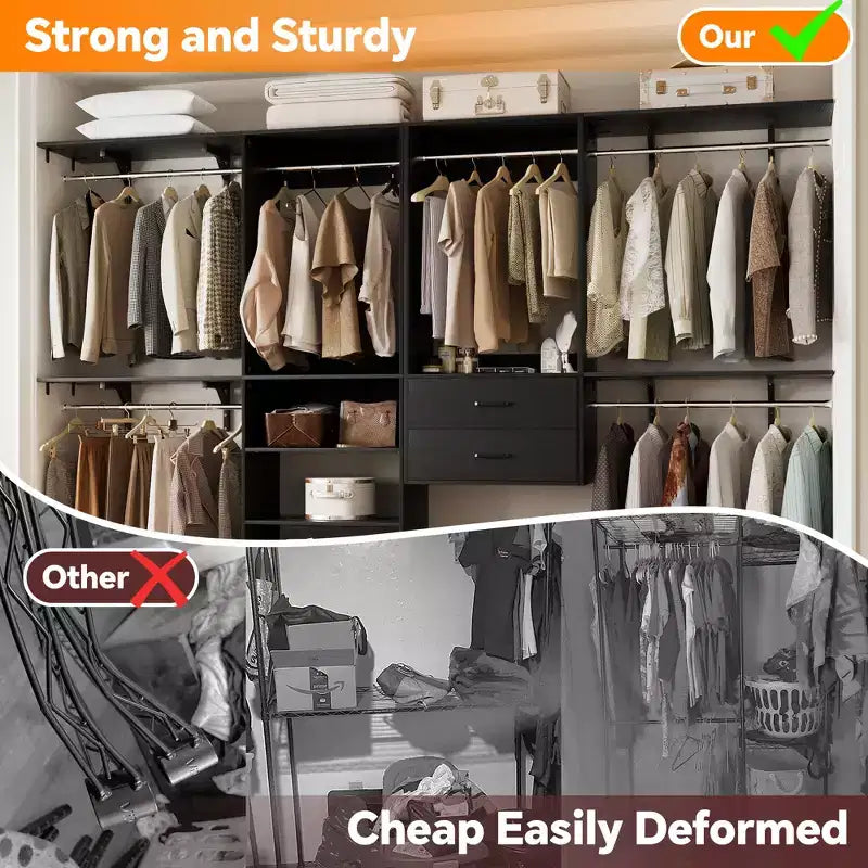 Besiost Freestanding Closet System with 8 Hannging Rods and Drawers, Hanging Closet Organizer with 10 Shelves