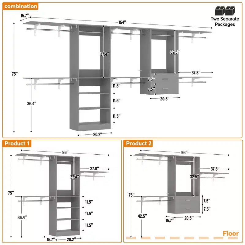 Besiost Freestanding Closet System with 8 Hannging Rods and Drawers, Hanging Closet Organizer with 10 Shelves