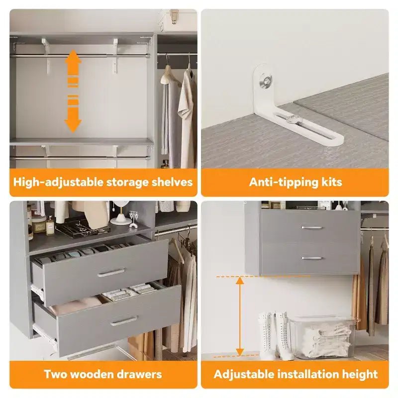 Besiost Freestanding Closet System with 8 Hannging Rods and Drawers, Hanging Closet Organizer with 10 Shelves