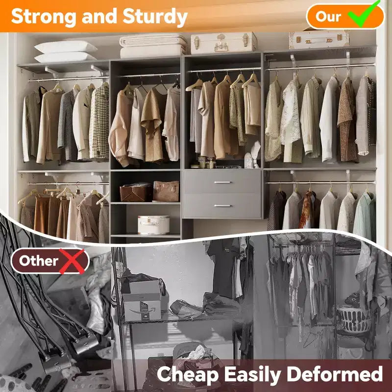 Besiost Freestanding Closet System with 8 Hannging Rods and Drawers, Hanging Closet Organizer with 10 Shelves
