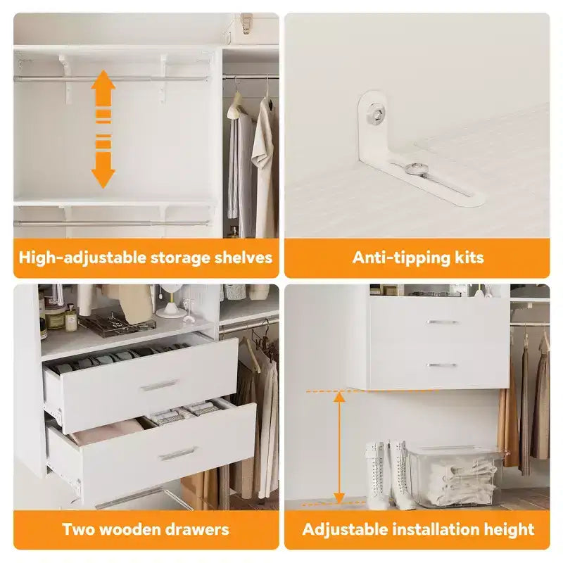 Besiost Freestanding Closet System with 8 Hannging Rods and Drawers, Hanging Closet Organizer with 10 Shelves