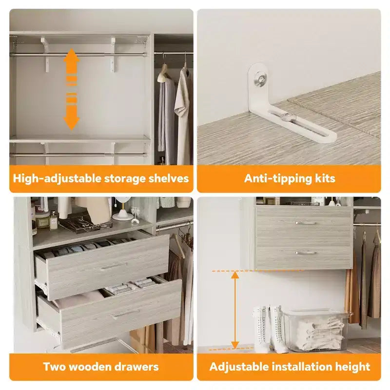 Besiost Freestanding Closet System with 8 Hannging Rods and Drawers, Hanging Closet Organizer with 10 Shelves