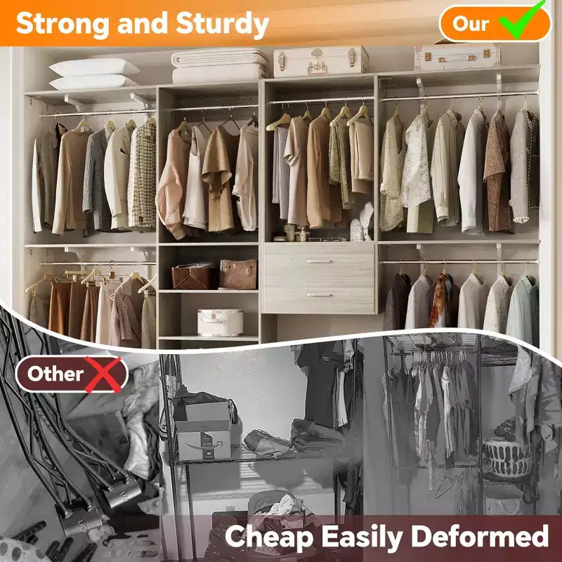 Besiost Freestanding Closet System with 8 Hannging Rods and Drawers, Hanging Closet Organizer with 10 Shelves