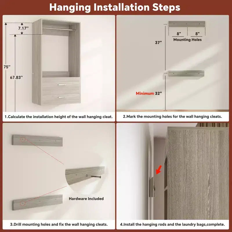 Besiost Freestanding Closet System with 8 Hannging Rods and Drawers, Hanging Closet Organizer with 10 Shelves