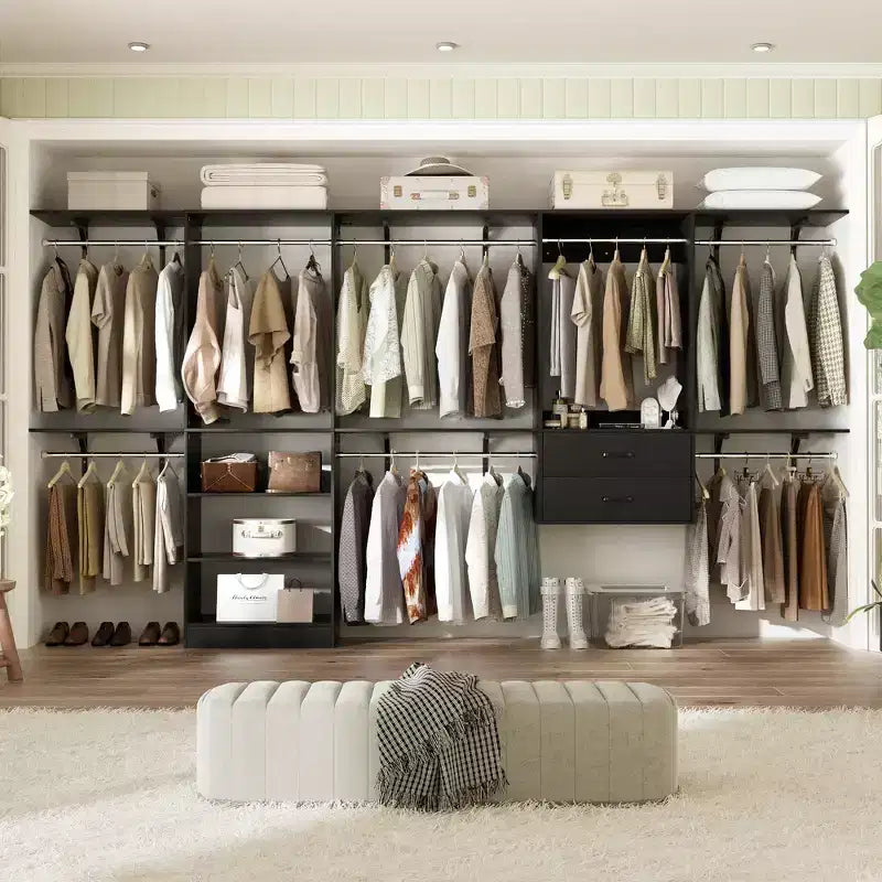 Besiost Freestanding Closet System with 8 Hannging Rods and Drawers, Hanging Closet Organizer with 10 Shelves