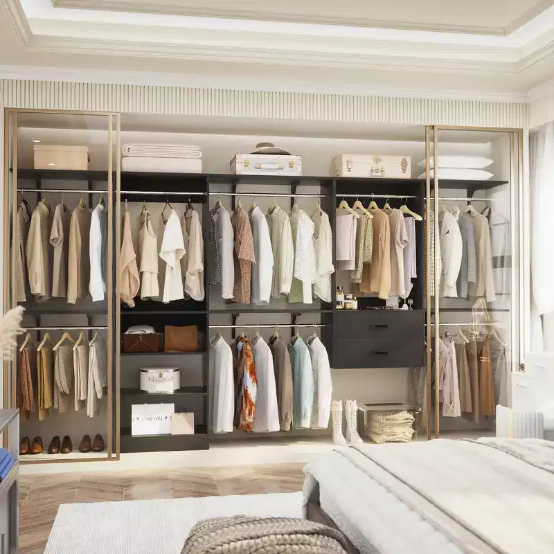 Besiost Freestanding Closet System with 8 Hannging Rods and Drawers, Hanging Closet Organizer with 10 Shelves