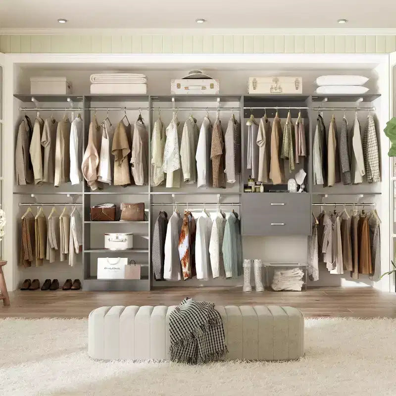 Besiost Freestanding Closet System with 8 Hannging Rods and Drawers, Hanging Closet Organizer with 10 Shelves