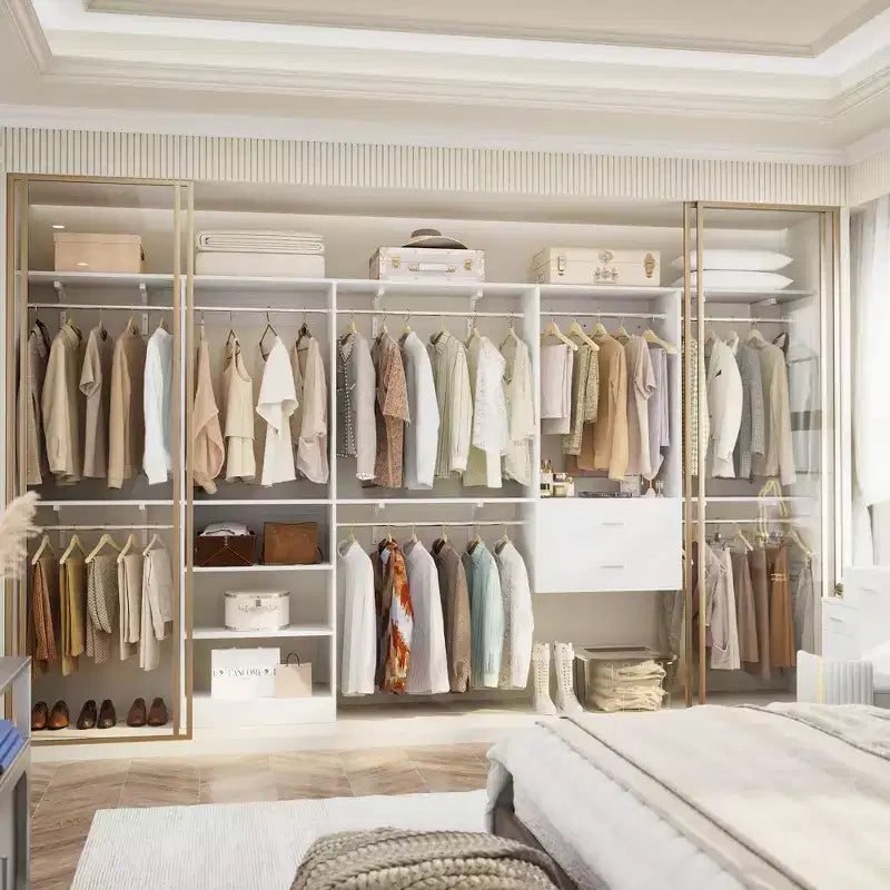 Besiost Freestanding Closet System with 8 Hannging Rods and Drawers, Hanging Closet Organizer with 10 Shelves